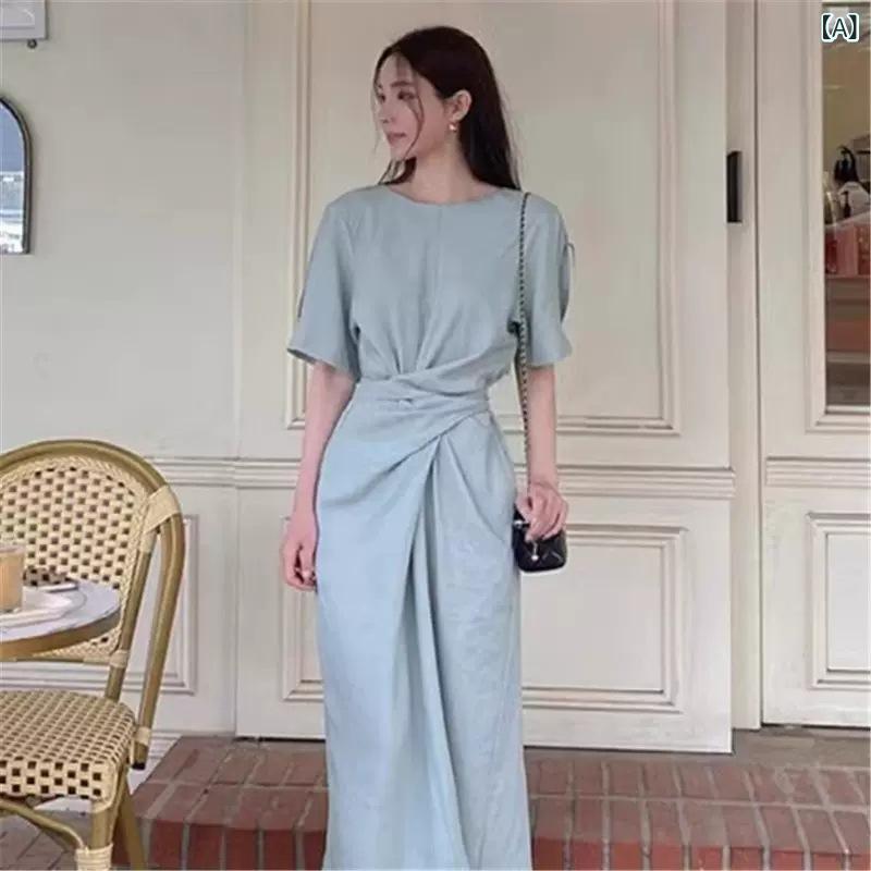 衣裳 レディース 連衣裙 A字 スコート 浅藍 色 綿麻 原料品 短袖 丸首 高腰 ひな形 紐 紐 合わせる ひな形 韓国風 広広とした 濫りがわしい か細い 成り行き レトロ 佇まい 側面 細長い切口 ロング 丈 夏 夏物 日韓 表現スタイル 心地よい 単品 セッ