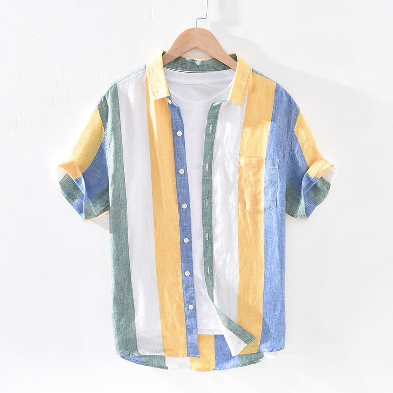 プルオーバー メンズ 麻 縞模様 方領 半袖 薄っぺら 心地よい 夏 春夏 青 黄 M L XL