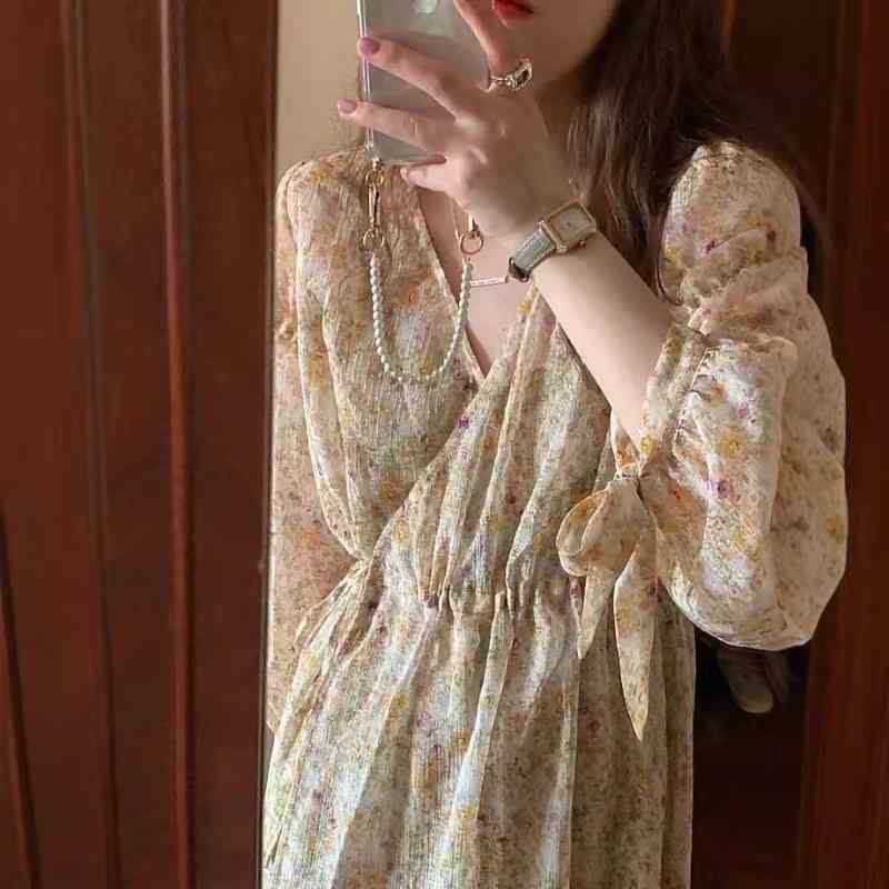 Vのど首 花柄 シフォン 長袖 衣裳 レディース 膝下丈 通い 通学 好いたらしいめ 雅びやか 雅びやか 女子らしい 成年者愛くるしい 御前上等原料品 普段使い走り 会う約束 お出かけ 春夏用