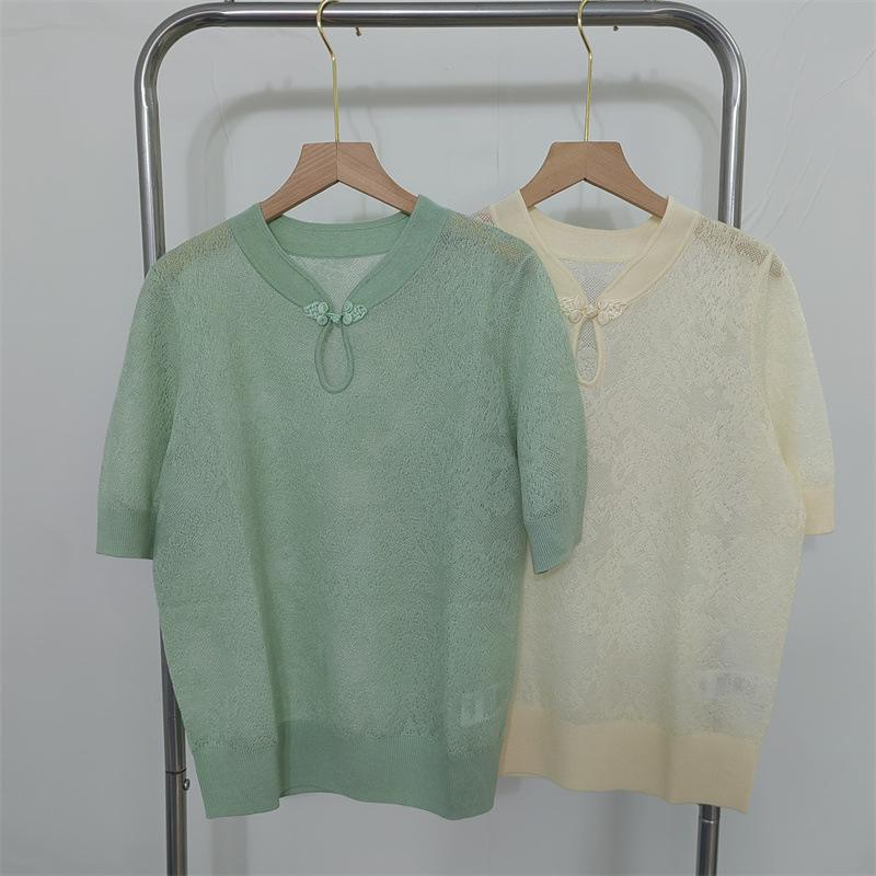 編み物 トップス レディース 立体提花 絨毛 蚕糸混紡 半袖