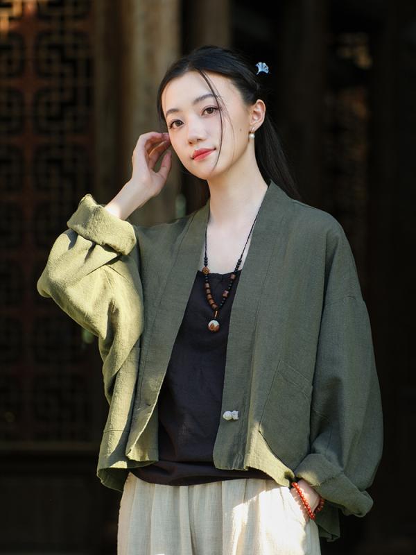 春 棉麻 V字領 盤扣 ・靭接色 寛鬆 長袖 読みもの返り咲き 厚地の外套 ?麻混麻 ?松短厚地の外套 罩衫 ?麻 棉麻?衫 女式