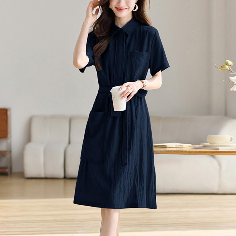 リネン風 プルオーバー衣裳 レディース M L XL XXL 春夏 薄っぺら 膝下丈 A伝達ルート 翻襟 短袖 心地よい 日韓風 隠し付き添い人 飾りつけ隠し 麻混素材 通年着付ける能力のある