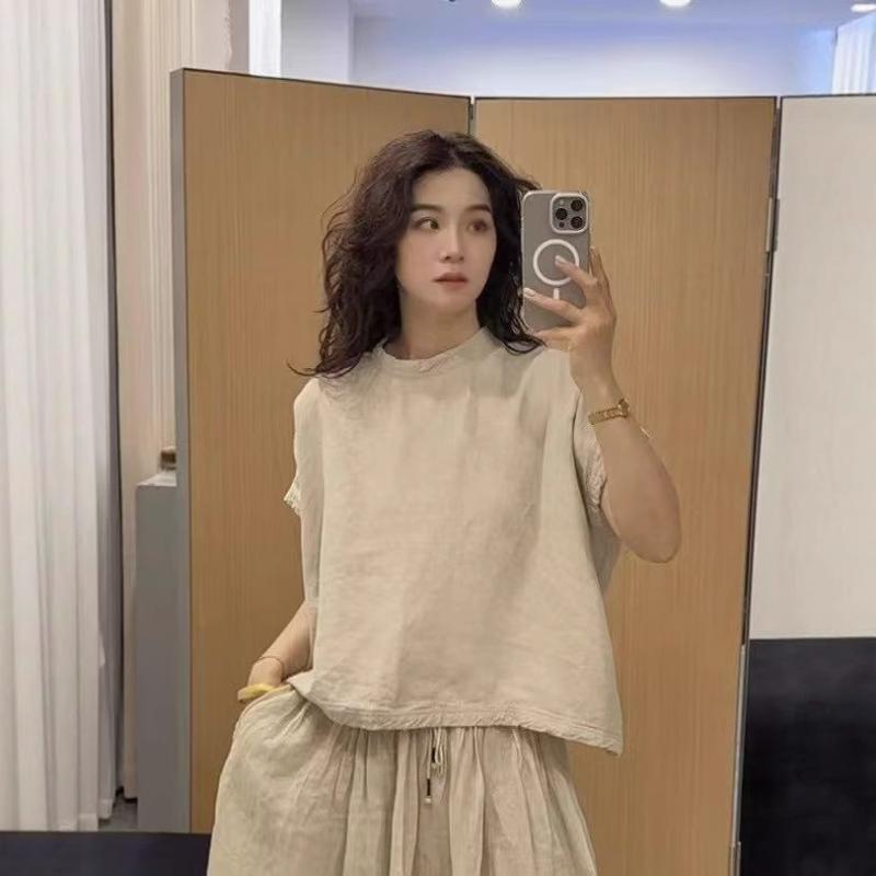 プルオーバー レディース 麻 綿 麻混 立領 半袖 無地 心地よい 春夏 白 黒 S M L XL