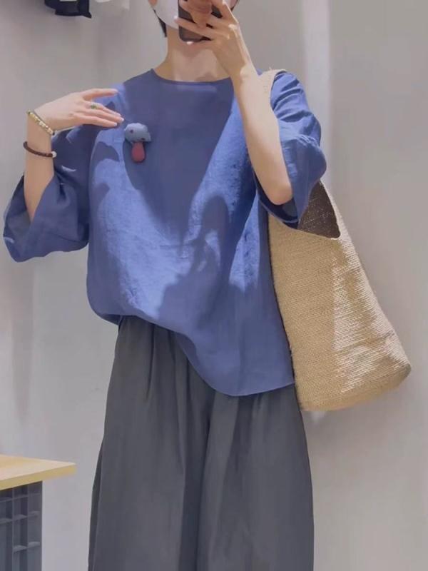 トップス 棉麻 ティーシャツ レディース 半袖 ティーシャツ 青 夏 ?版 ゆったり 細見せかけ 丸首 今めかしい 麻 ティーシャツ