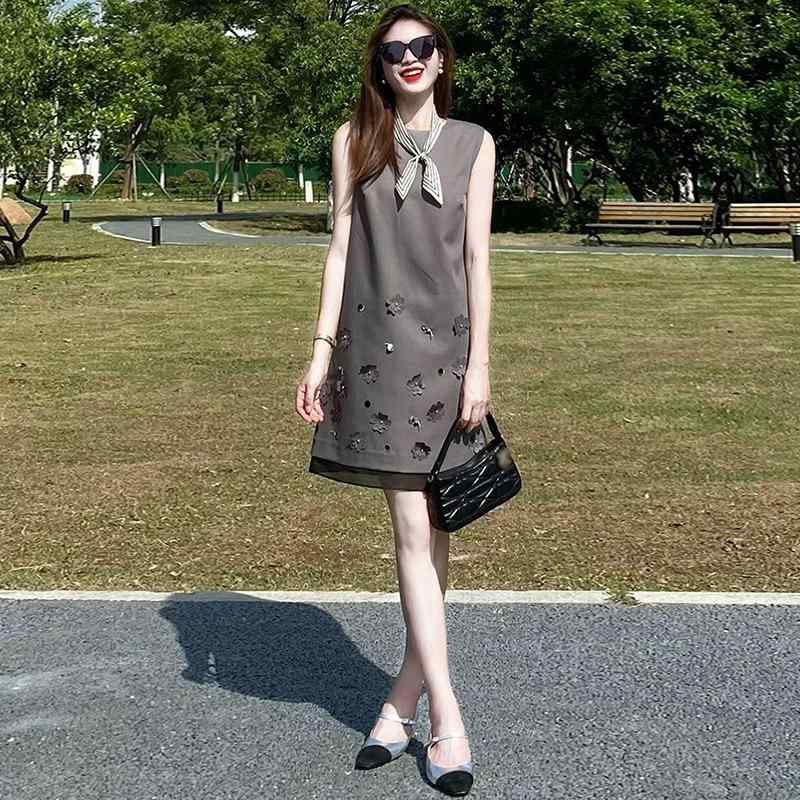 A字型衣裳 レディース ノースリーブ 通い 好いたらしいめ 成年者愛くるしい 膝丈衣裳 夏服 当たること冷感 軽さ 伸縮性 綿混紡