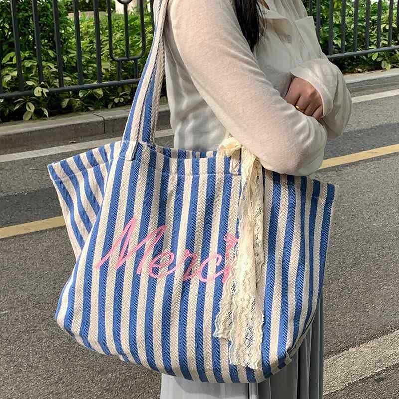 トートバッグ 無色素縞模様 文字刷り上げる 心地好い 普段使い走り 綿 帆布地 大電気容量 2024春夏