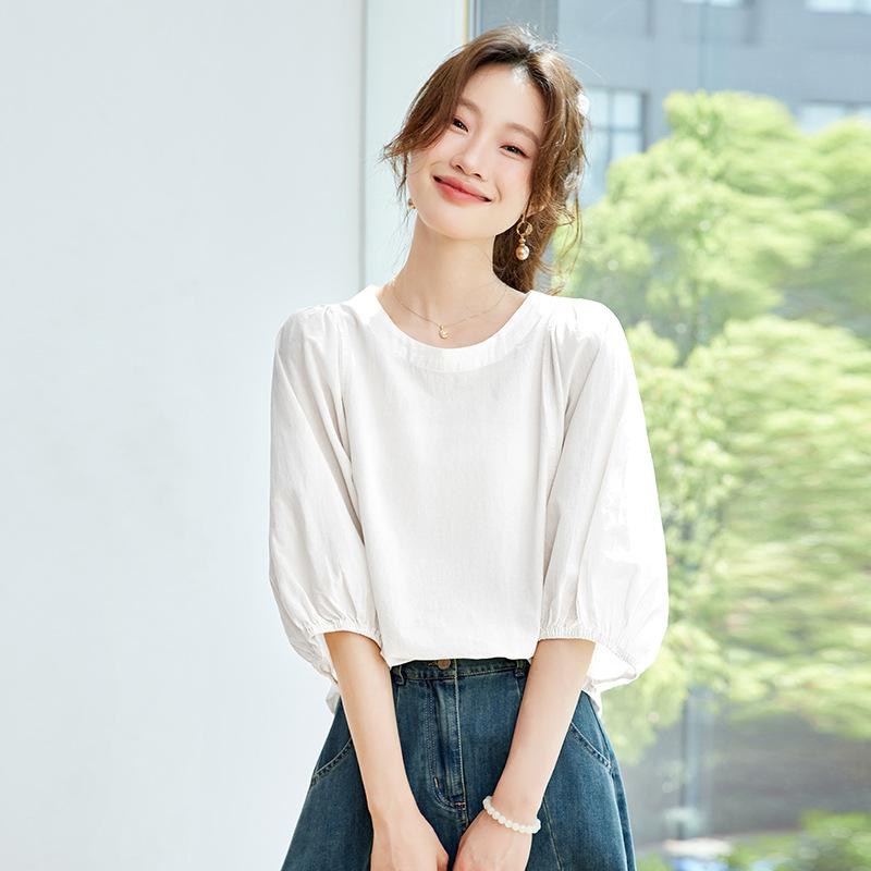 プルオーバー レディース 綿麻 薄っぺら 半袖 ティーシャツ ?? 遮肚子 ?松 上張り