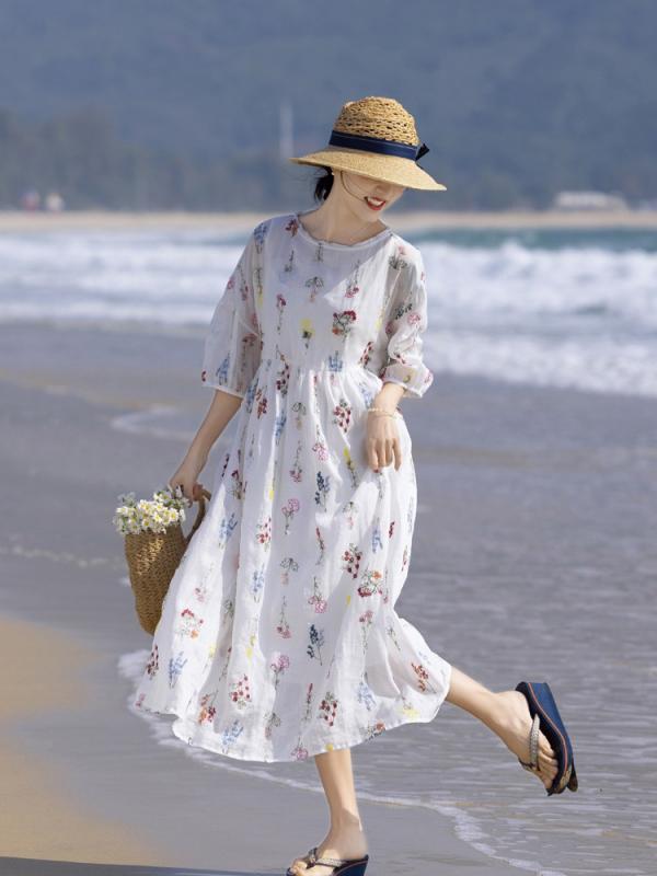 衣装 上衣 麻 リネン 刺しゅう A生産ライン ?? 七分袖 ?松腰 読みもの?古 舒・疔休? 95%以上