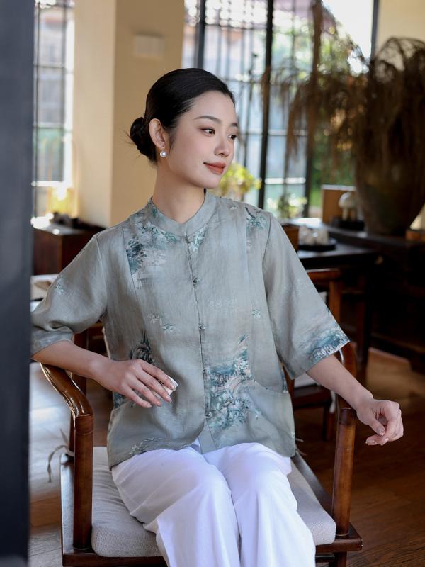 新中式 ?麻 印花 ?衫 女 七分袖 ?古 立? ?衫 上張り