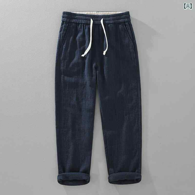 1355 秋冬 二 重 麻 筋 理 感 カジュアルストレートズボン 成人男性 日本 系 レ トロ ゆるい 成人男性 麻 ズボン