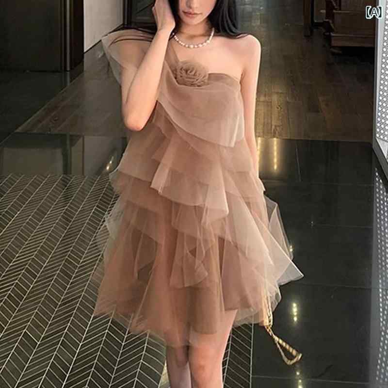 花の 曲がった 肩 多層 フリルメッシュドレス お上さんの 夏の 佇まい 不規則さな 妃殿下 ふわふわ 遊撃手 スコート