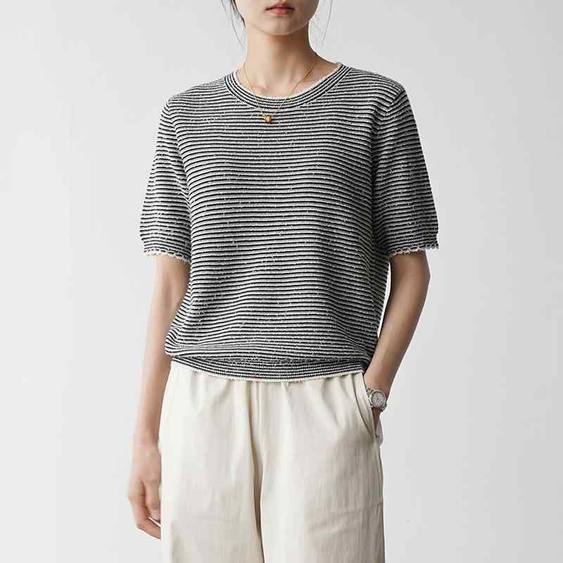 編み物 トップス お上さん用 春夏 黒灰白 赤緑白 ・柑其 色合い差しつかえる 条紋 毛糸混紡 当たること冷感 軽さ 伸縮性 丸首 ルーズフィット 半袖 表どおり 心地よい 普段使い走り 吸湿速乾 うつり変わり青写真 膝上丈