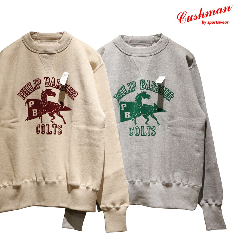【貨物輸送無料】 CUSHMAN（クッシュマン） SET IN SLEEVE SWEAT “COLTS/コルツ” 26901F メンズ アメカジ トレイナー セットインスリーブ フロッキープリント 丸胴 日本製
