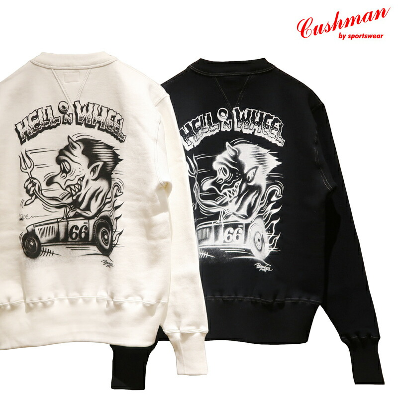 【貨物輸送無料】 CUSHMAN（クッシュマン） SET IN SLEEVE SWEAT “HELL ON WHEEL/ヘルオンウィール” 26901P メンズ アメカジ トレーナー セットインスリーブ 熱っぽい極点 エア湖毛はらい風 刷り上げる ナックル リトルチョップデザイン 丸胴 日本製