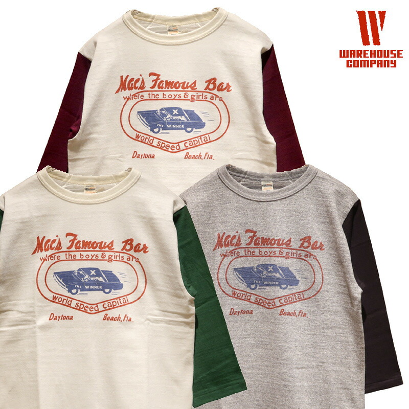 【貨物輸送無料】 WAREHOUSE（お召しもの棲み家）  Lot.4800 7分袖野球プルオーバー “MAC\u0027S FAMOUS BAR/マックズフェイマスバー” メンズ アメカジ ヴィンテージレプリカ ロンT シャドウボーダー 丸胴 日本製