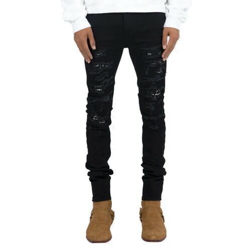 ミニマル mnml X165 STRETCH DENIM BLACK / ブラック デニム パンツ スーパー スキニー ストレッチ ペイズリー リペア|POSSIBILITY