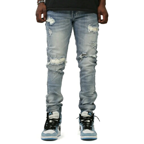 ケーディーエヌケー デニム KDNK DENIM TWILL PATCHED STRETCH DENIM BLUE / ブルー デニム パンツ クラッシュ ダメージ リペア