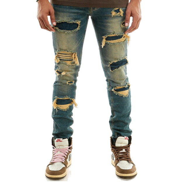 ケーディーエヌケー デニム KDNK DENIM SELF V3 STRETCH DENIM BLUE / ブルー デニム パンツ クラッシュ ダメージ リペア