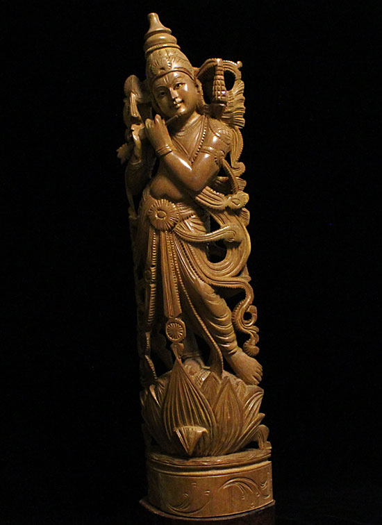 クリシュナ神仏像・サンダルウッド（白檀）・総手彫り-