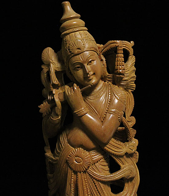クリシュナ神仏像・インド白檀(サンダルウッド)・総手彫り(仏像) 恋愛