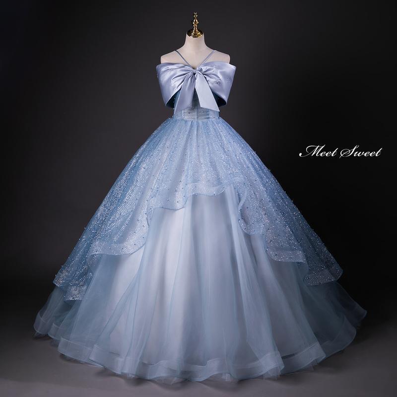 カラードレス プリンセスライン ロングドレス ブルー フリル リボン パール ウェディングドレス 結婚式 二次会 花嫁 前撮り 演奏会 発表会 ステージ衣装老人の日｜パワフル55ショップ