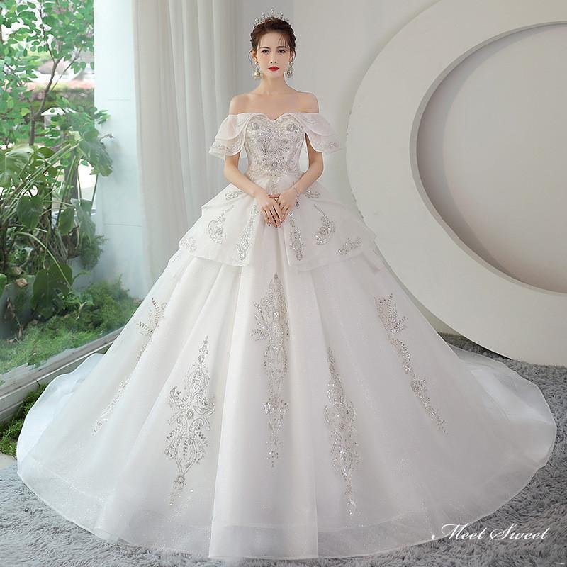 ウェディングドレス ロングドレス プリンセスドレス プリンセスラインドレス オフショルダー 二次会 結婚式 前撮り 花嫁 ウエディングドレス ブライダル老人の日｜パワフル55ショップ