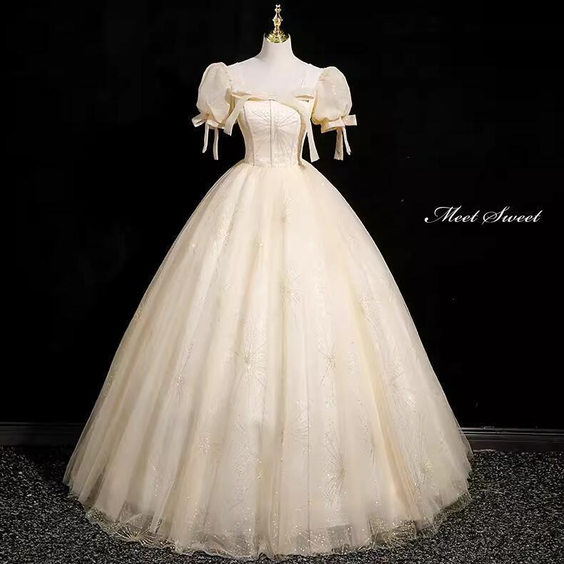 カラードレス プリンセスライン ロングドレス シャンパン パフスリーブ 可愛い ウェディングドレス 結婚式 二次会 花嫁 前撮り 演奏会 発表会 ステージ衣装老人の日|パワフル55ショップ
