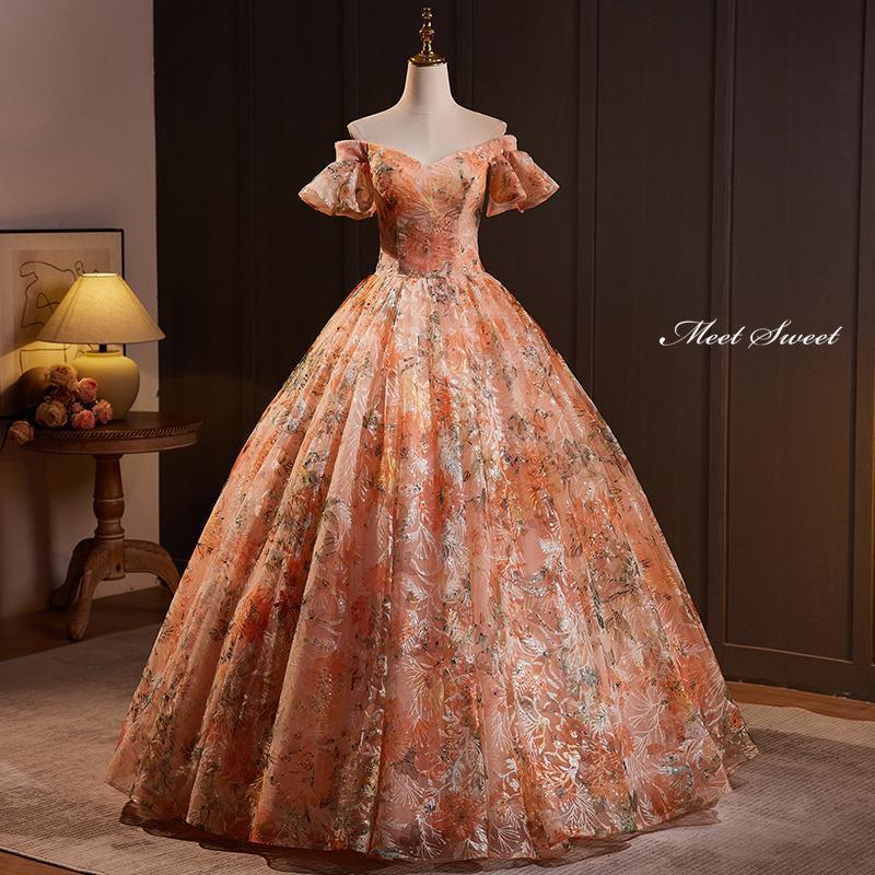 カラードレス プリンセスライン ロングドレス オレンジ 花柄 オフショルダー ウェディングドレス 結婚式 二次会 花嫁 前撮り 演奏会 発表会 ステージ衣装老人の日｜パワフル55ショップ