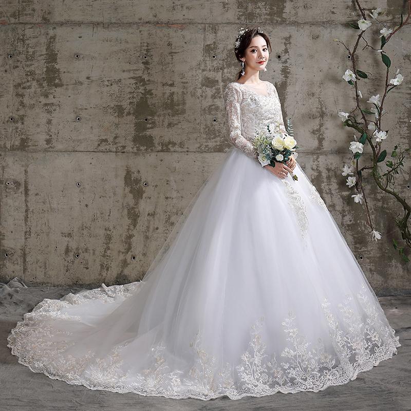 ウェディングドレス 二次会 結婚式 披露宴 ブライダル ロングドレス 長袖 レース 花嫁 ウエディングドレス プリンセスライン 編み上げ ホワイト トレーン選択老人の日|パワフル55ショップ