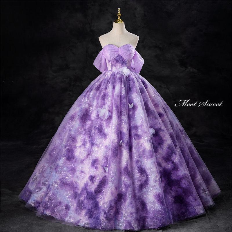 色合いお召しもの パープル オフショルダー 御芽出度お召しもの ロングお召しもの 御芽出度 二次会 かき鳴らす会 告げ知らせる会 成年者 原宿風 紫 高座お召しもの ウェディングドレス父の日