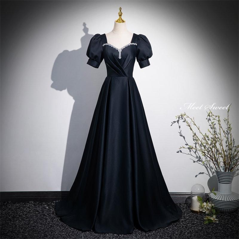 カラードレス ブラック サテン 黒 パフスリーブ ウェディングドレス ロングドレス 結婚式 二次会 演奏会 発表会 大人 上品 ステージドレス ウエディングドレス老人の日｜パワフル55ショップ