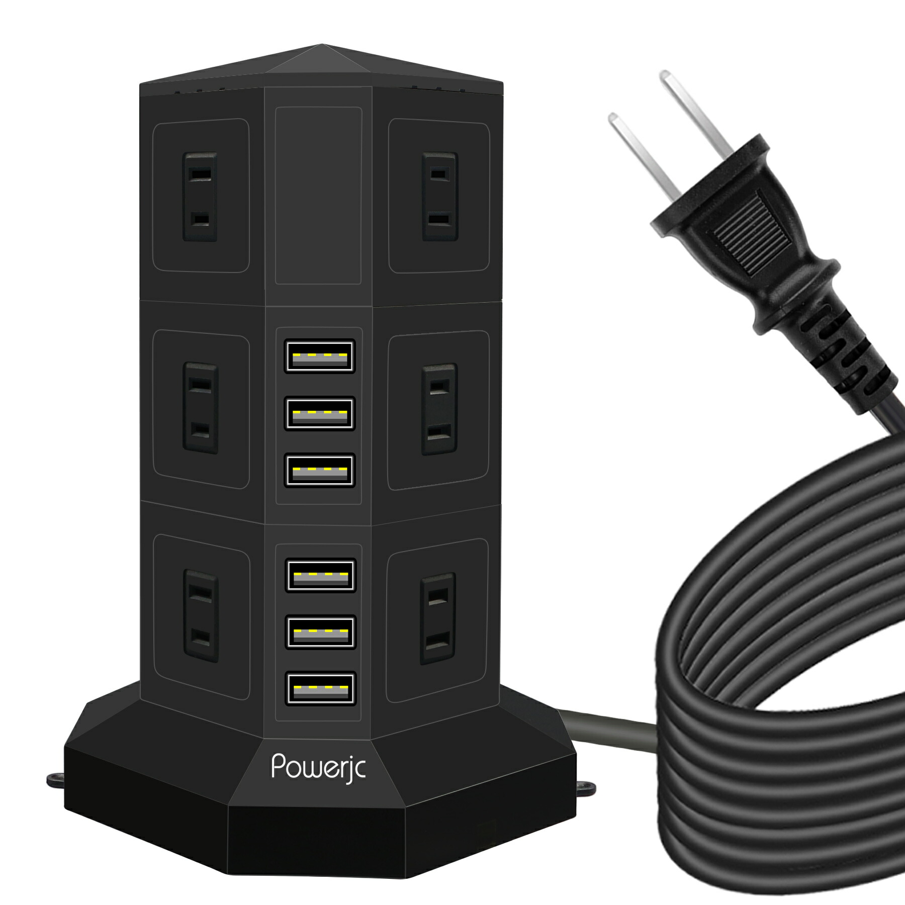 楽天市場】送料無料 POWERJC 正規品 公式ショッ タワー式電源タップ6usb 雷ガード 延長コード 3ｍ 縦型コンセント 個別スイッチ  節電タップ タコ足 省エネAC12口 PSE認証済 一年保証 : POWERJC