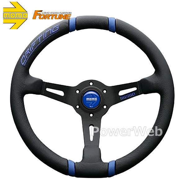 MOMO DRIFTING 35φ 85mm DEEP ブルーステッチ ブラックレザー/ブラックスポーク ステアリング｜パワーウェブ２号店