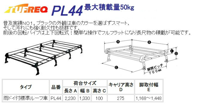 低価格化 精興工業 TUFREQ タフレック ルーフキャリア Pシリーズ 8本脚 PL44 トヨタ ハイエースワゴン H1.8〜H16.8 H1# 標準ルーフ  標準幅 沖縄県 離島 発送不可 fucoa.cl