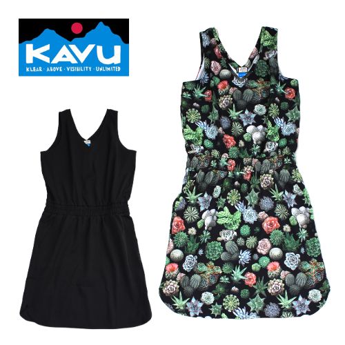 jr/KAVU ENSENADA ワンピース カブー レディース 可愛い かわいい おしゃれ ノースリーブ ワンピ 柄 ミニ丈 アウトドア キャンプ お出かけ ストレッチ素材 速乾 多肉植物 ブラック greenhouse xs s｜Powwow Trading Post