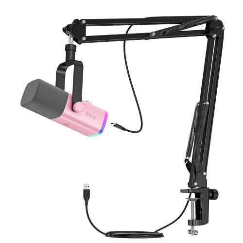 FIFINE XLR/USB ゲーミングマイクセット ストリーミング ポッドキャスト用 ダイナミックマイク PCマイク ブームアームスタンド付き RGB機能付き ミュートボタン ヘッドフォンジャック ボーカル ボイスチャット 録音 配信 実況 ゲーム ピンク AmpliGame AM8TP