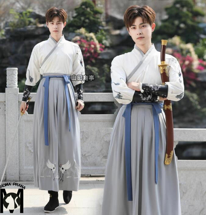 漢服鶴刺繍コスプレ衣装　大人 男女兼用 チャイナ服 チャイナドレス 中華服 華流 時代劇 コスチューム フェニックス  エスニック 中国 古代 カンフー衣装 ハロウィン コスプレ 唐時代 昭和 王子様 姫様 将軍 仮装 変装 長袖2点セット 袴風 中華ドラマ衣裳　袖カバー付き