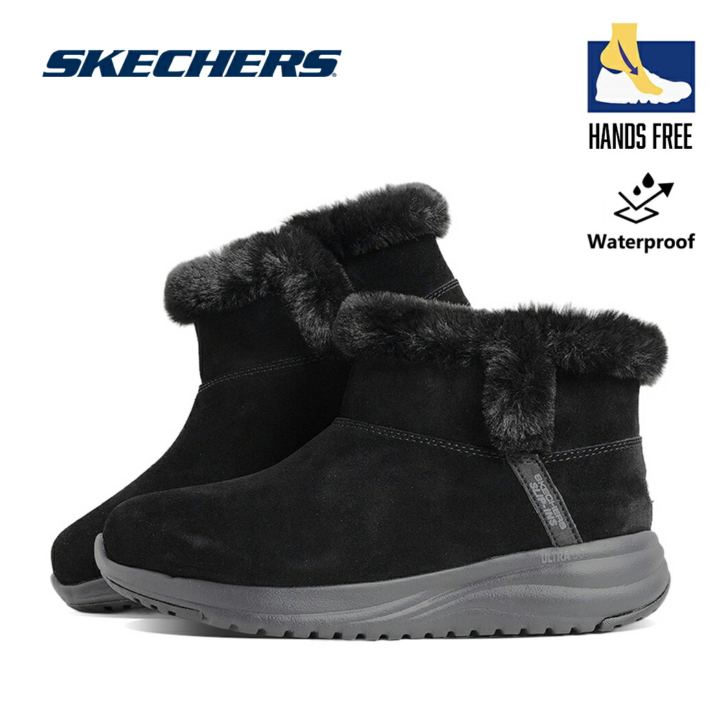 【15時までのご注文で即日発送！！】SKECHERS スケッチャーズ ムートン ブーツ オンザゴー ステラ ON-THE-GO STELLAR BOOTS BLACK ( ショートブーツ ウィンターブーツ 暖かい ボア ファー 黒 ブラック レディース 防水 ハンズフリー 菜々緒着用 144740BBK )