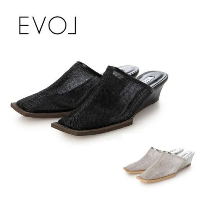 【全品ポイントプラス10倍！要エントリー】 EVOL イーボル スクエアチュール4.5cmウエッジミュール CA23854 レディース カジュアル ミュール シューズ サンダル スクエアトゥ シンプル モード クール