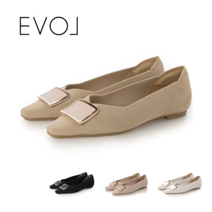 【全品ポイントプラス10倍！要エントリー】 EVOL イーボル スクエアバックルソフトニットVカットパンプス JA5904 レディース シューズ 靴 伸縮性 ローヒール 通気性 オフィスカジュアル シンプル ベーシック