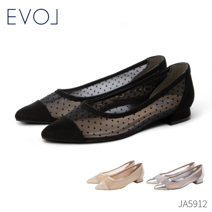 【全品ポイントプラス10倍！要エントリー】 EVOL イーボル ポインテッドチュールフラットパンプス JA5912 レディース シューズ ローヒール シアー レディ フェミニン オフィス オケージョン セレモニー｜高級靴　Discount　Shop　precious