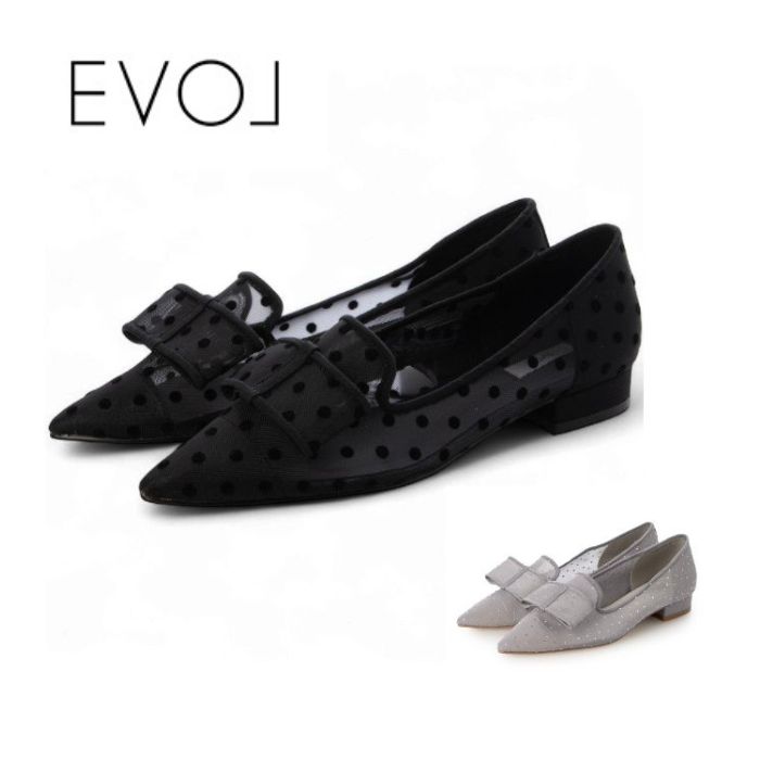 【4/15(水)限定!ポイント15倍確定!要エントリー】 EVOL イーボル チュールリボンモチーフパンプス JA5958 レディース ローヒール オケージョン シアー 透け感 フェミニン ガーリー 大人カジュアル お呼ばれ
