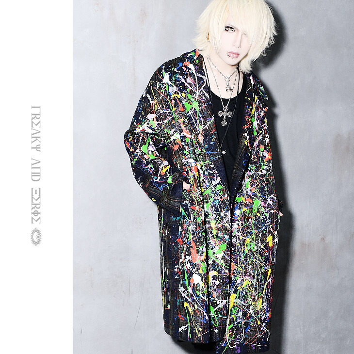 パンク ペイント V系 モード系 コート メンズ ペイント ヴィジュアル系 春服 オルターベノム 個性的 チェスターコート チェックコート 加工 Rock アウター 派手 ロック 個性的 春 ビジュアル系 リメイク メンズ ロングコート 春服 ファッション ユニセックス