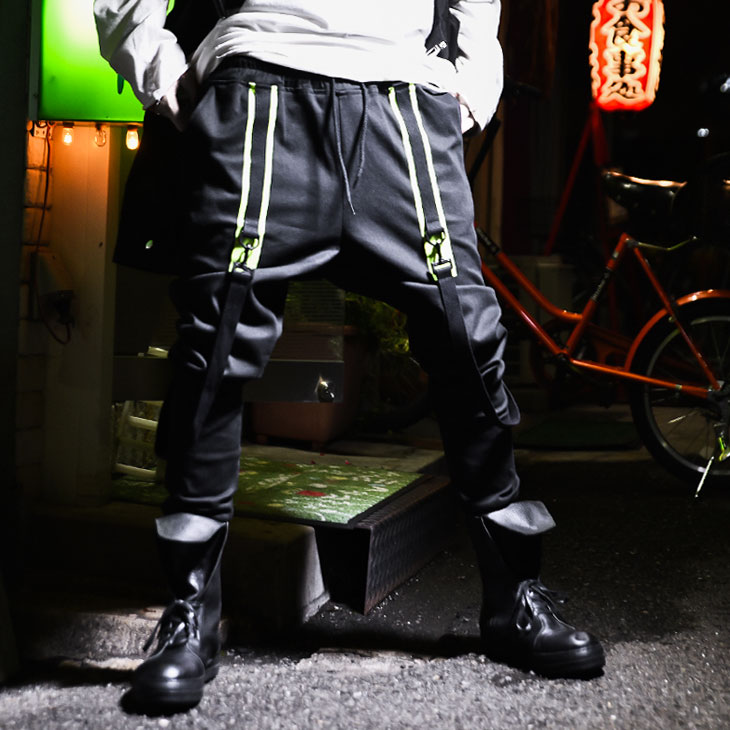 楽天市場 モード系 V系 ファッション ヴィジュアル系 ジョガーパンツ カーゴパンツ ラインパンツ カーゴ ジョガー ネオンカラー サスペンダ サスペンダー ブラック メンズ レディース ストリート おしゃれ 大きいサイズ 春 春服 春物 パンク ロック Ozオズ