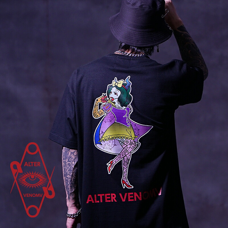 V系 Tシャツ メンズ レディース 半袖 カットソー 原宿系 闇系 病み系 個性的 地雷系 サブカル地雷 ヴィジュアル系 ビジュアル系 ファッション オーバーサイズ ロング丈 プリント パンク ロック ゴスロリ ビッグT 黒 ALTER VENOMV オルターベノム【送料無料】|Ozオズ