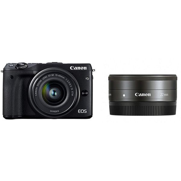 【中古】【１年引き請ける】【美品】Canon EOS M3 15-45粍 22粍 ダブルレンズキット 黒いこと