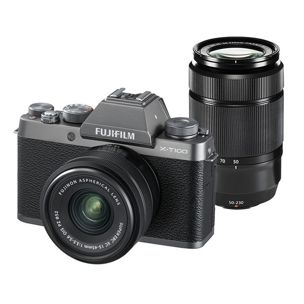 【中古】【１年引きうける】【美品】FUJIFILM X-T100 ダブルズームキット XC 15-45粍 OIS PZ + XC 50-230粍 OIS II 暗然たるしろがね色