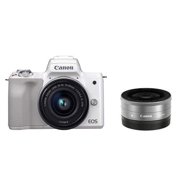 【中古】【１年保証】【美品】Canon EOS Kiss M ダブルレンズキット 15-45mm IS STM + 22mm F2 STM ホワイト
