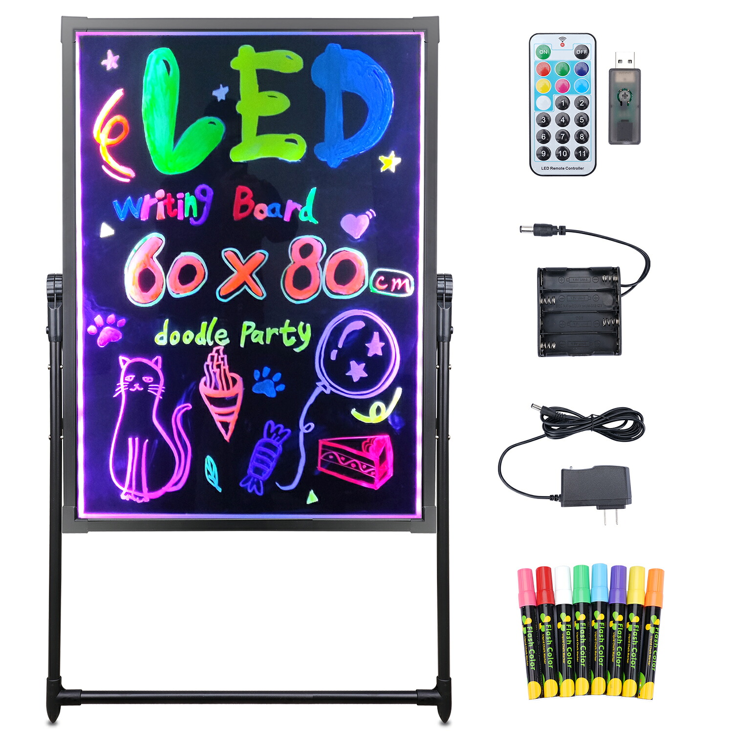 LED ライティングボード 手書き 看板 60x80cm リモコン マーカー付属 強化ガラス 光る パネル看板 メニュー ネオン おしゃれ インテリア カフェ バー バル 自立 壁掛け 2WAY お店 案内板
