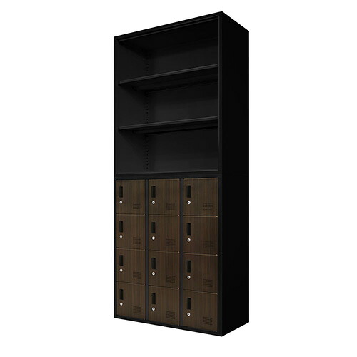 【法人限定】 FH-N12-C-W-DBR Netforce ダークブラウン FACILE (ファシル) [オープン書庫+12人用ロッカー 2台セット シリンダー錠 木目] メーカー直送